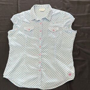 Ariat Teal Geometric Print Short Sleeve Button-Down with Pink Accents